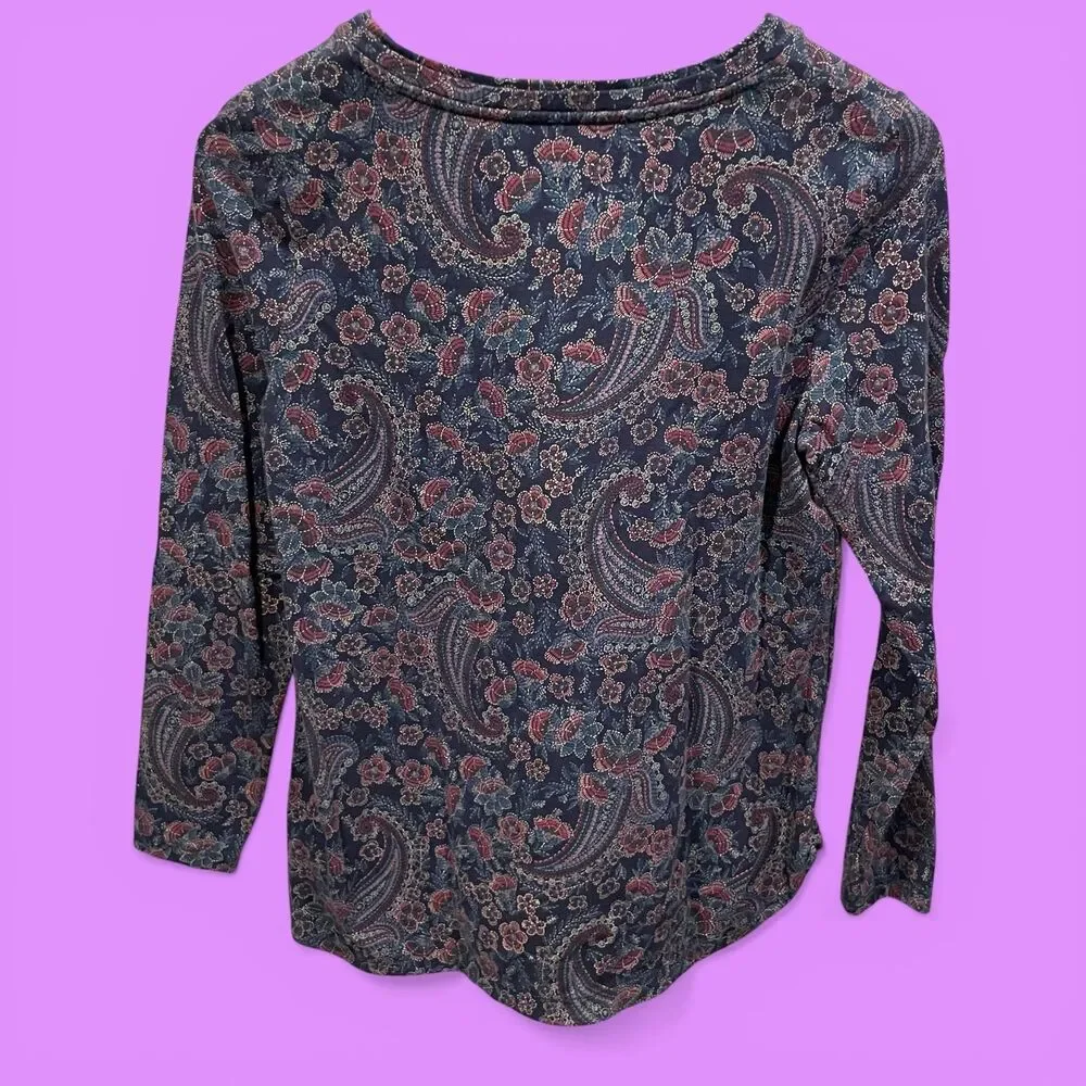 Cute cotton stretch Talbots navy floral paisley swirl long sleeve crew neck top - Picture 3 of 9